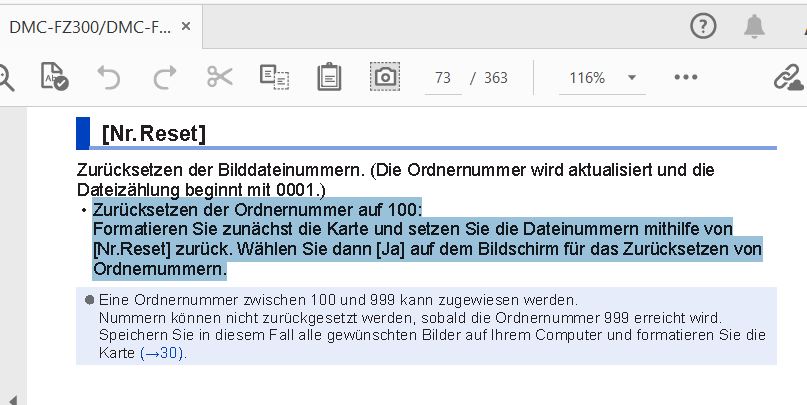 FZ300 Nr-Reset   Formatieren  Ja   dann Verz. auf 100.JPG