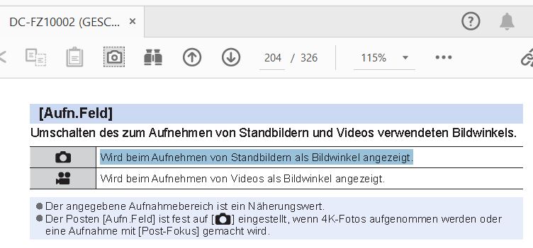 FZ1000 II  Indiv-Menü  Monitor-Display  Aufn.Feld   muss auf Kamera stehen.JPG